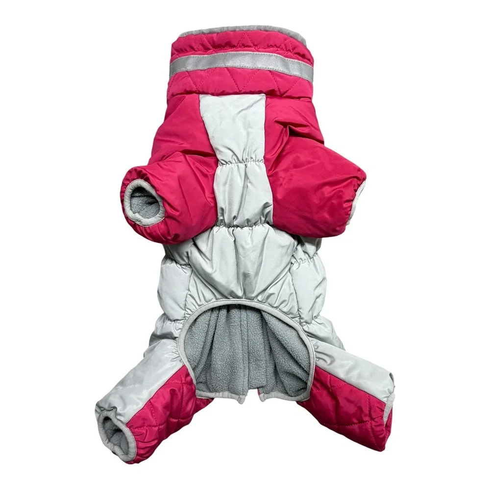 Pink Grey Quilted Puffer Dog Snowsuit Fleece Lined Harness Zip Jumpsuit Medium